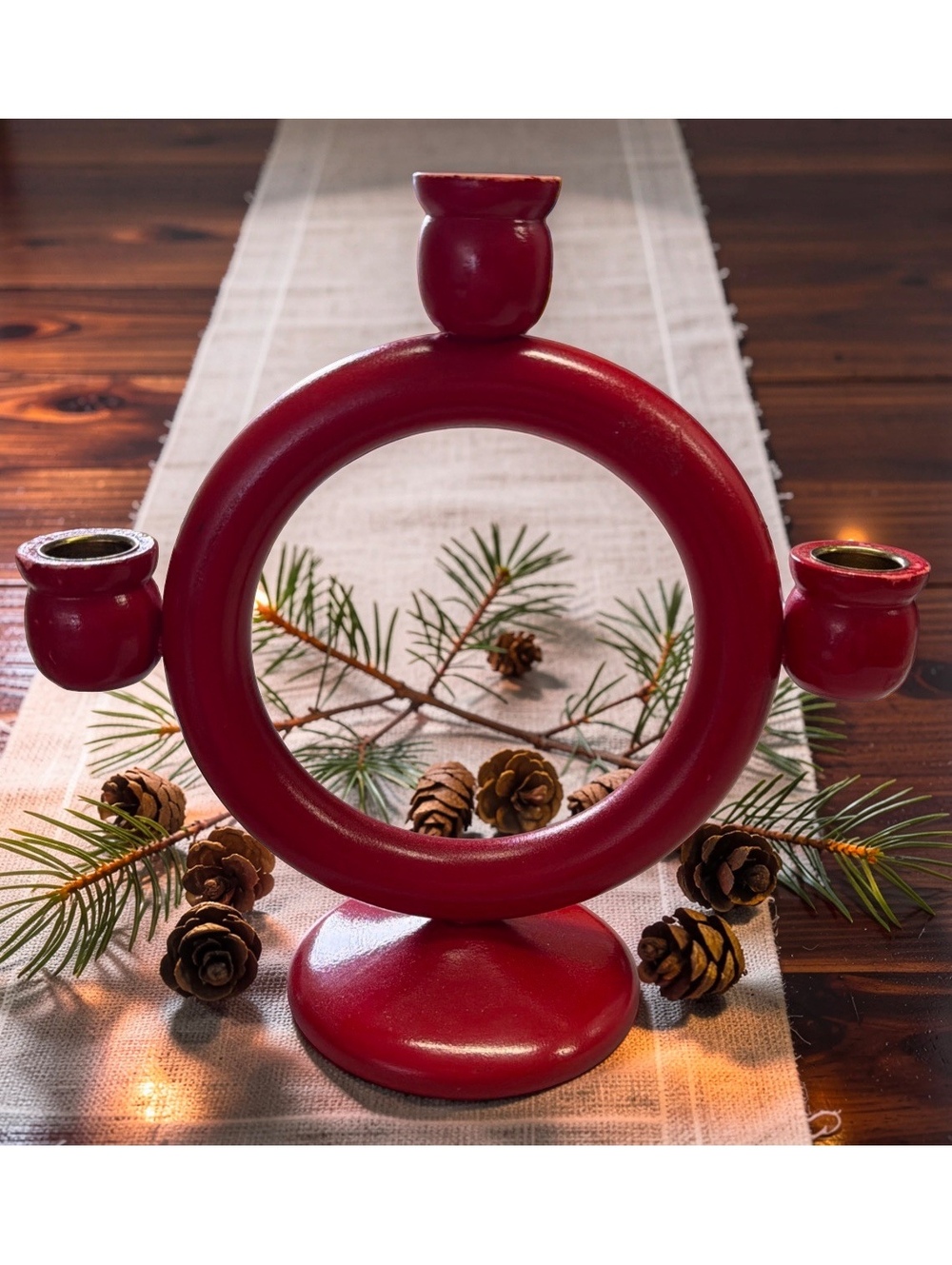 Vintage 1970s Swedish Red Wood Ring Candelabra 3 Candle Holder Sweden MCM